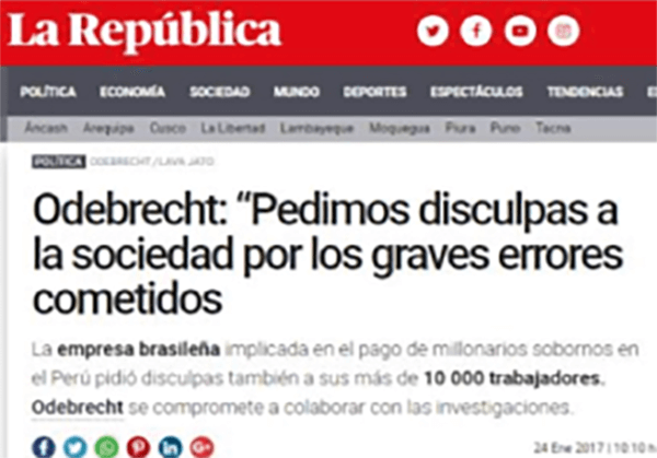 La República. Odebrecht: "Pedimos disculpas a la sociedad por los graves errores cometidos"