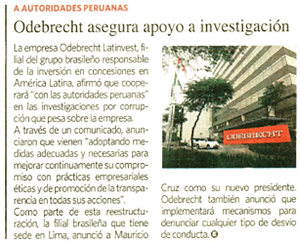 Odebrecht asegura apoyo a investigación