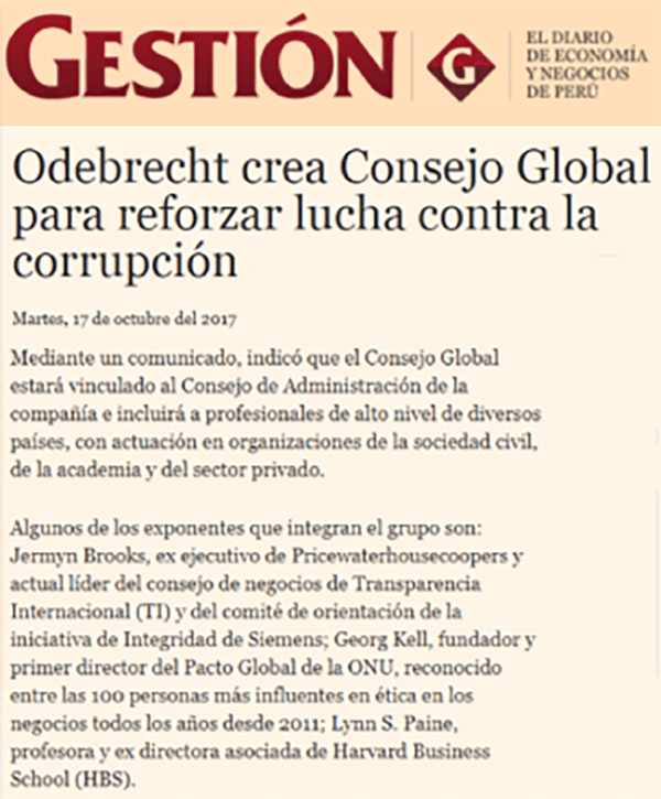 Gestión. Odebrecht crea Consejo Global para reforzar lucha contra la corrupción