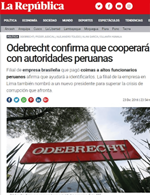La República. Odebrecht confirma que cooperará con autoridades peruanas