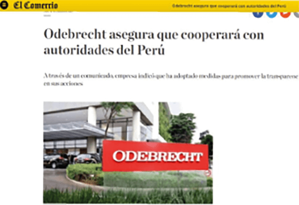 El Comercio. Odebrecht asegura que cooperará con autoridades del Perú